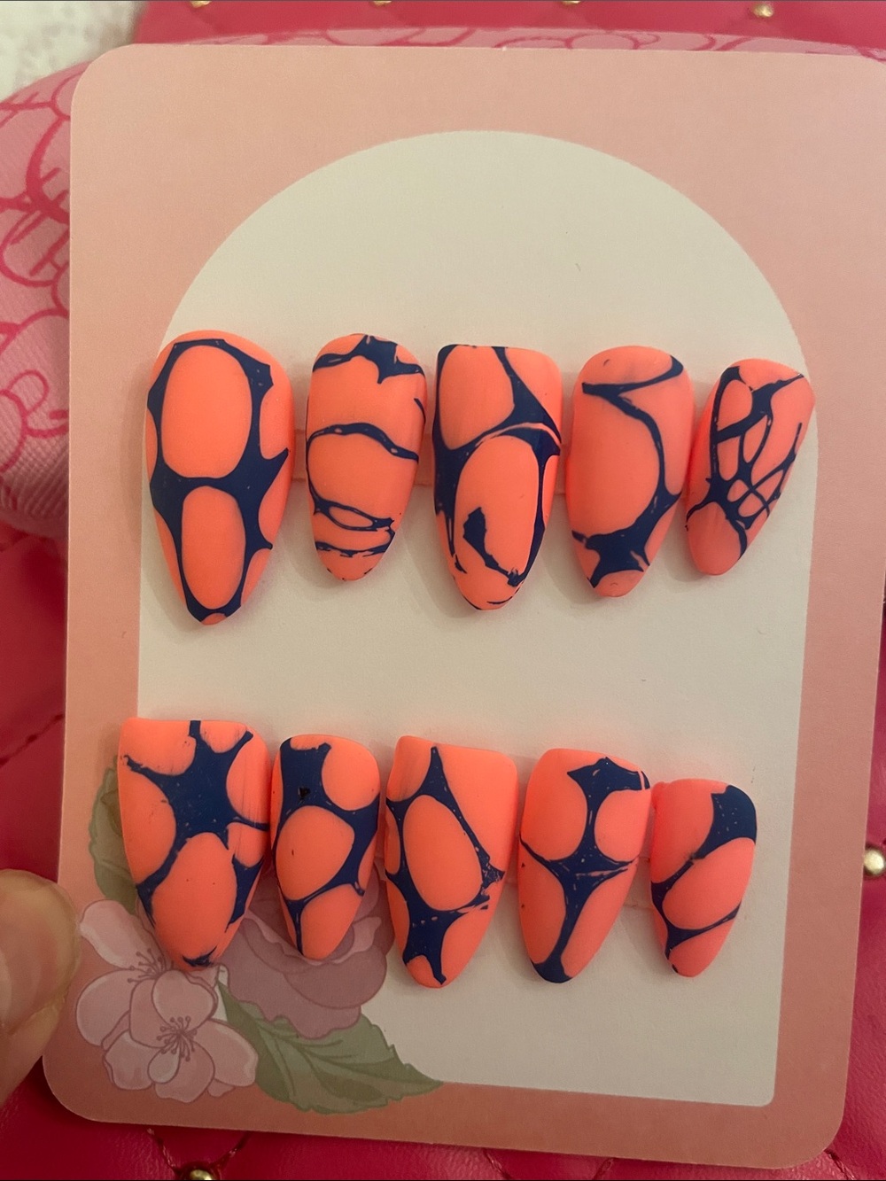 Neon Coral and Navy Abstract Press-On Nails from the Bevlah Neon Forest 🌳